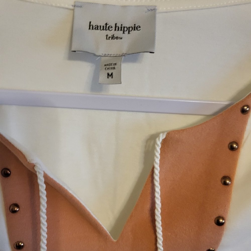 Women's Haute Hippie Tribe Cream and Tan 3/4 sleeve Top Size Medium NIP - Picture 2 of 7